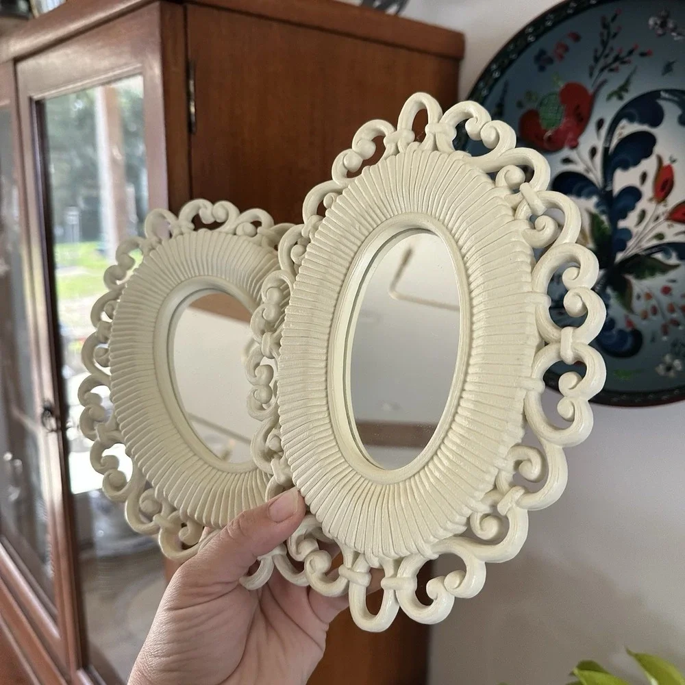 Set 2 Homco Oval Mirror Wall Decor Faux Rattan 1978 Boho Retro White Cottagecore